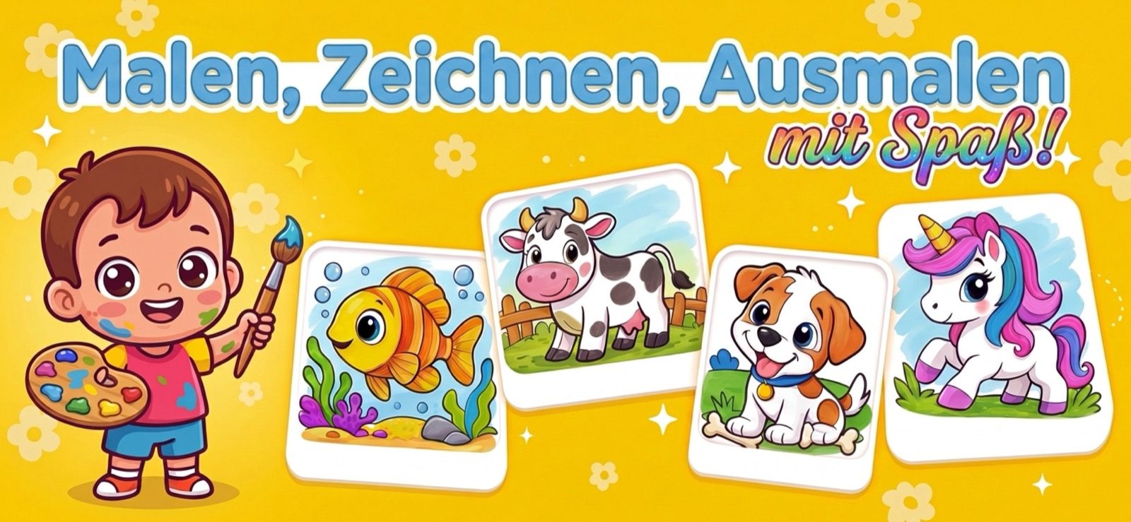 Mal-App für Kinder — fröhliches Kleinkind mit Pinsel neben ausgemalten Bildern von Fisch, Kuh, Hund und Einhorn in Kid Doodle