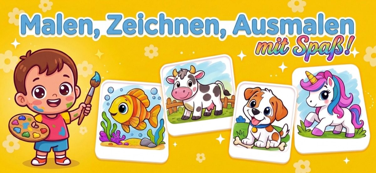 Kind lernt zeichnen — Kleinkind mit Pinsel und ersten eigenen Bildern in der Zeichen-App Kid Doodle