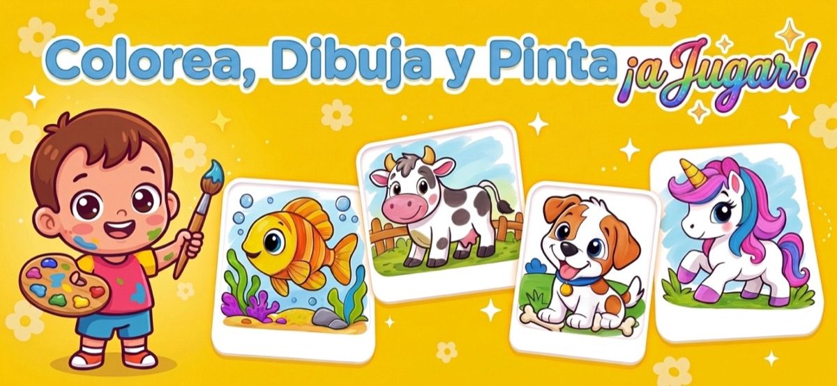 Niño aprendiendo a dibujar — pequeño artista con pincel y sus primeras obras en la app de dibujo Kid Doodle