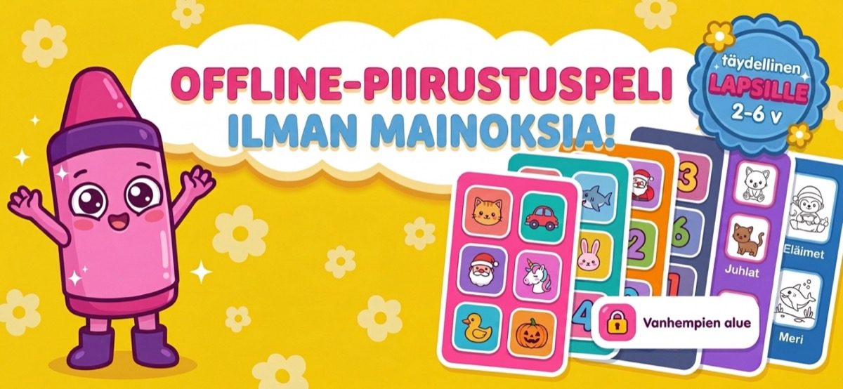 Mainokseton offline-piirustuspeli — Kid Doodlen aloitusnäkymä, jossa juhlien, eläinten ja meren värityskirjat 2–6-vuotiaille
