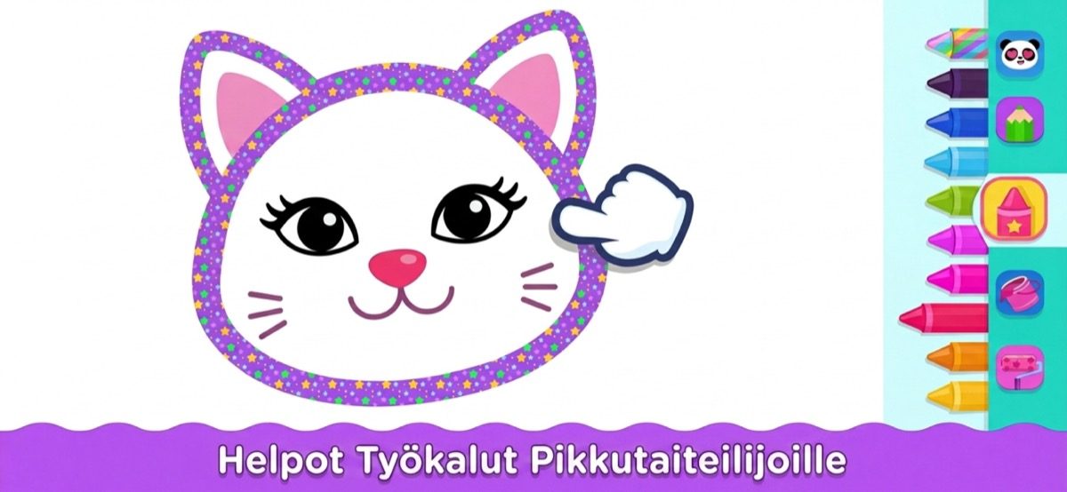 Helpot piirustustyökalut pikkutaiteilijoille — kissanpentuvärityskuva, isot värikynät, tarrat ja taikamaaliämpäri