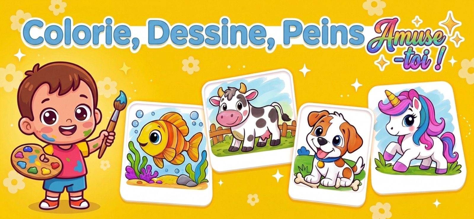 Jeux de coloriage pour enfants — tout-petit ravi avec son pinceau à côté de coloriages terminés : poisson, vache, chiot et licorne dans Kid Doodle