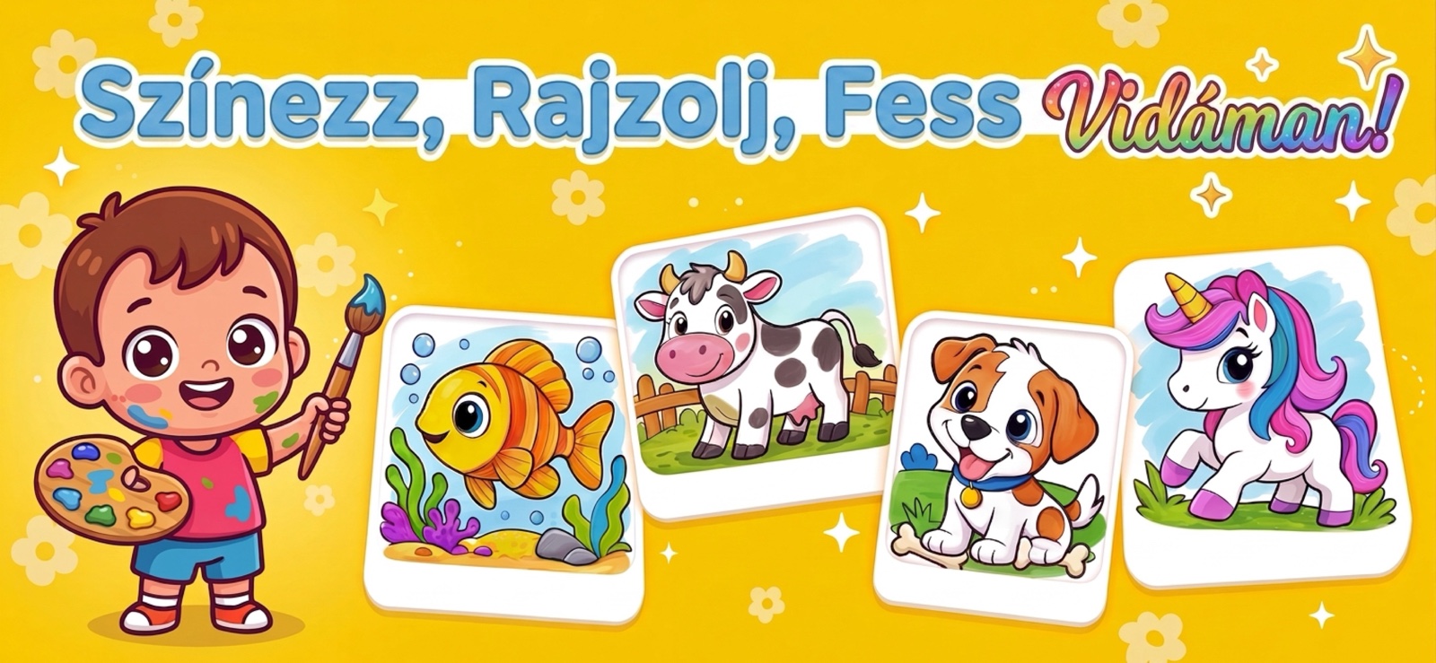 Rajzolós játékok gyerekeknek — vidám kis művész ecsettel, mellette kiszínezett halacska, tehén, kutyus és unikornis a Kid Doodle-ben