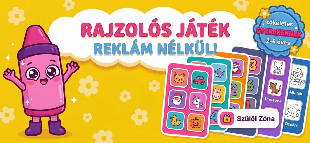 Rajzolós játék reklám nélkül — a Kid Doodle főképernyője a színezőkönyvekkel és a Szülői Zónával