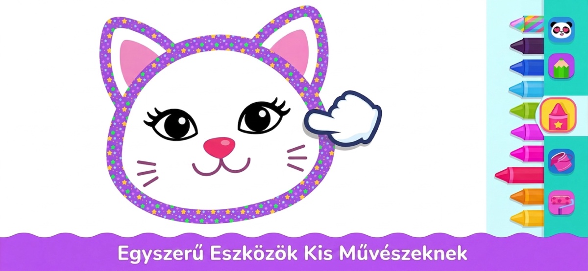 Egyszerű rajzeszközök kis művészeknek — cicás színezőoldal, nagy zsírkréták és színpaletta