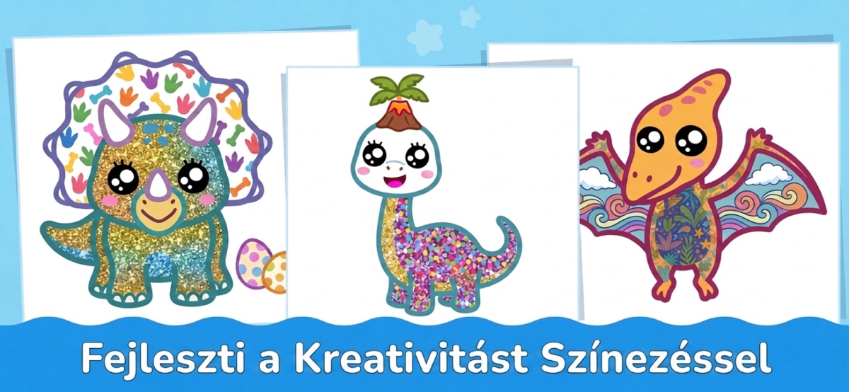 Kreativitást fejlesztő színezőalkalmazás — csillámmal kiszínezett dinoszauruszok a Kid Doodle-ben
