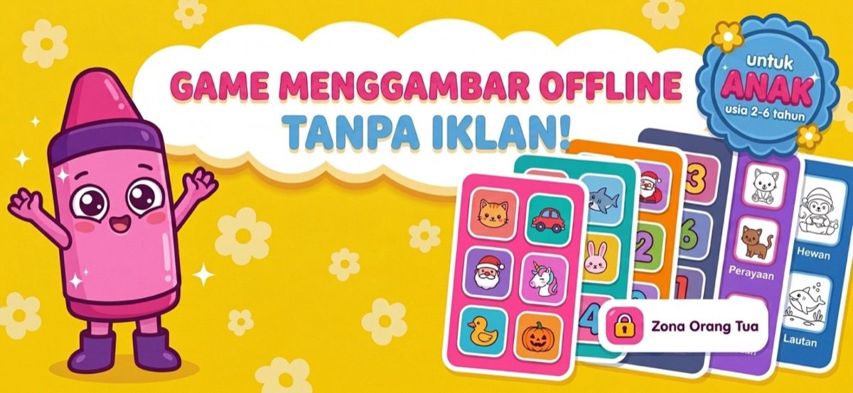 Game menggambar offline tanpa iklan — layar utama Kid Doodle dengan buku mewarnai perayaan, hewan, dan lautan untuk anak usia 2-6 tahun