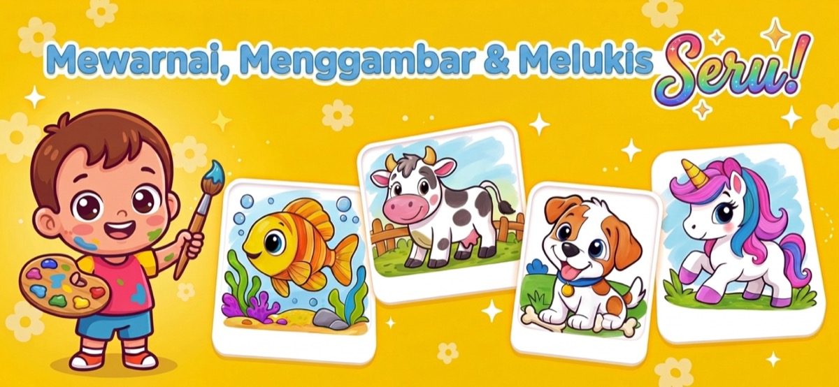 Mewarnai, menggambar, dan melukis — seniman cilik dengan kuas dan gambar ikan, sapi, anak anjing, serta unicorn yang selesai diwarnai