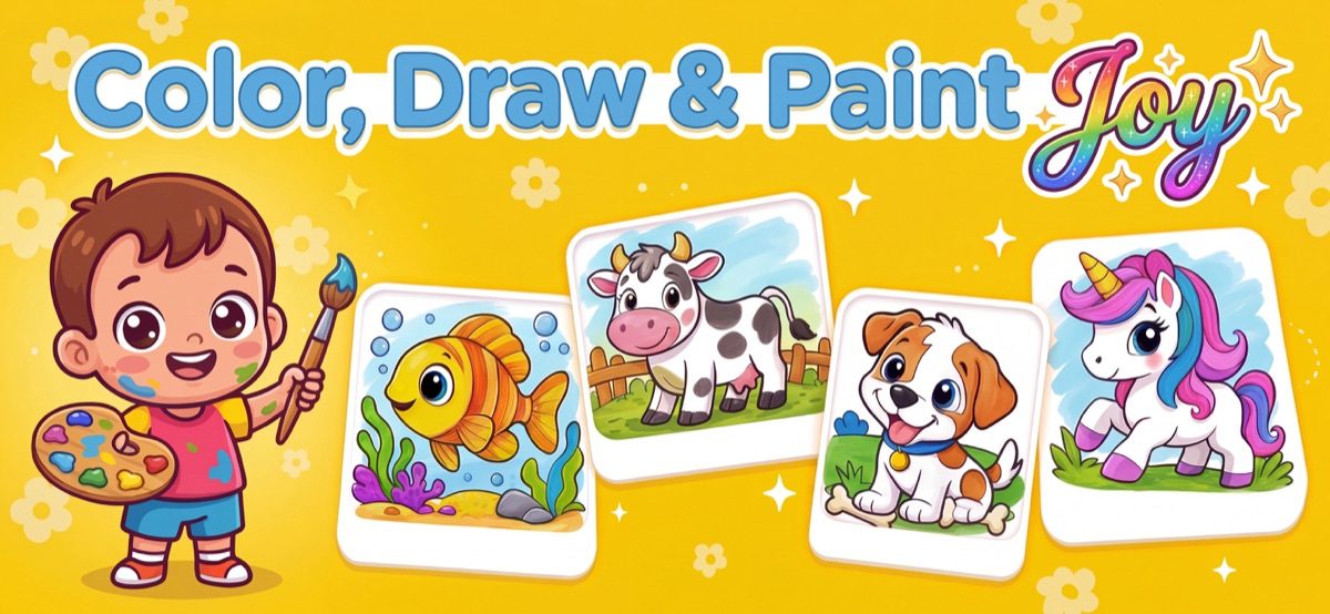 Color, draw and paint — toddler artist with paintbrush and finished coloring pages of a fish, cow, puppy and unicorn