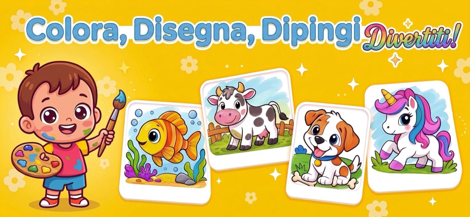 App per colorare per bambini — bimbo felice con il pennello accanto a disegni colorati di un pesce, una mucca, un cagnolino e un unicorno in Kid Doodle