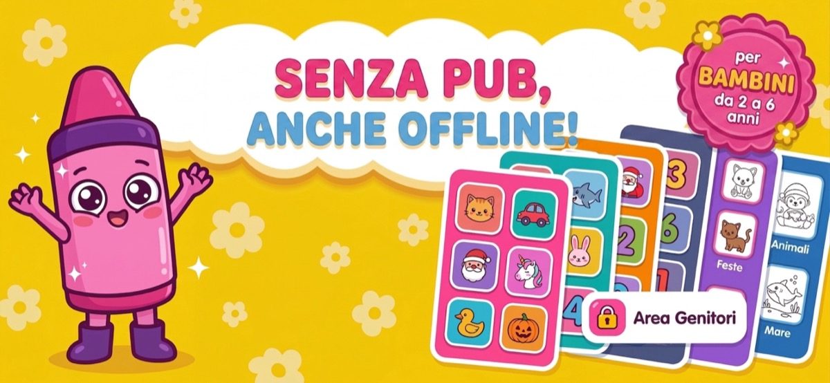 Gioco offline senza pubblicità per bambini piccoli — schermata iniziale di Kid Doodle con libri da colorare, ideale in aereo e in auto