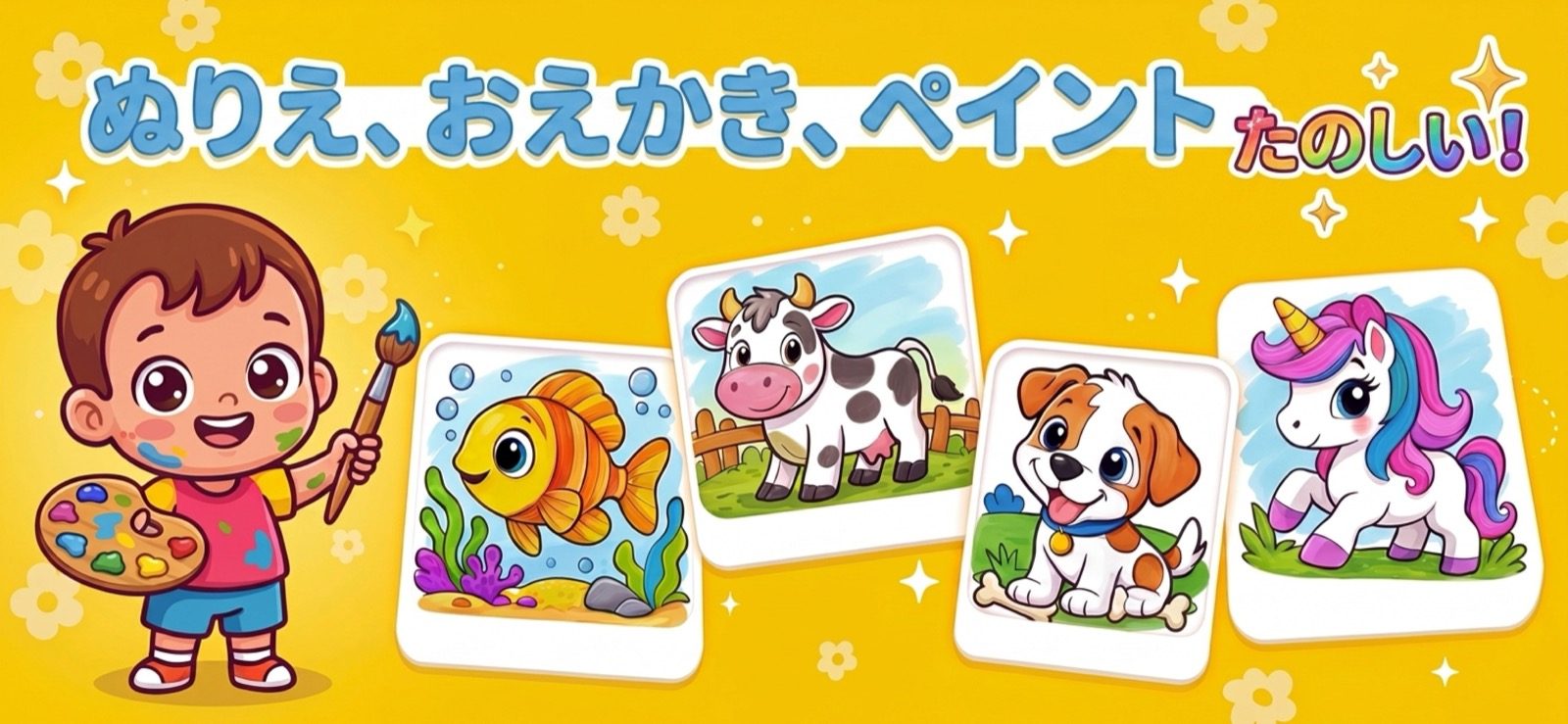 子供向けぬりえアプリ——筆を持ったうれしそうな幼児と、色を塗り終えた魚・牛・子犬・ユニコーンのページ(Kid Doodle)