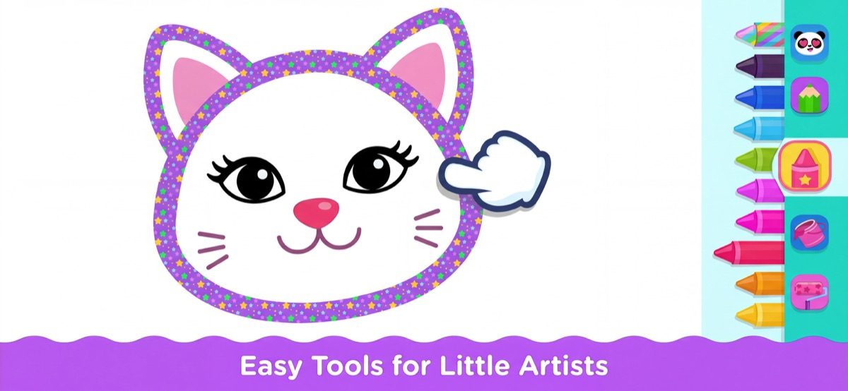 Alat melukis mudah untuk pelukis kecil — halaman mewarna anak kucing, krayon besar dan palet warna