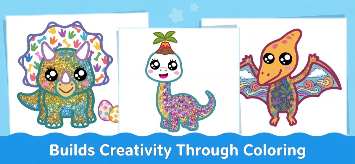 Aplikasi mewarna yang memupuk kreativiti — dinosaur diwarna dengan kilauan dalam Kid Doodle