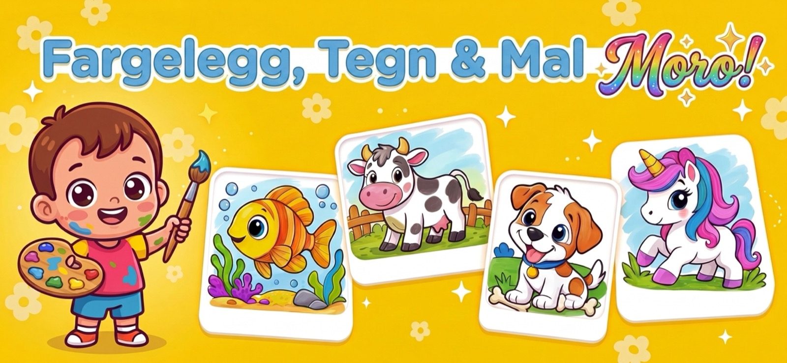 Fargelegging-app for barn — glad liten kunstner med pensel ved siden av fargelagte sider med en fisk, ku, valp og enhjørning i Kid Doodle