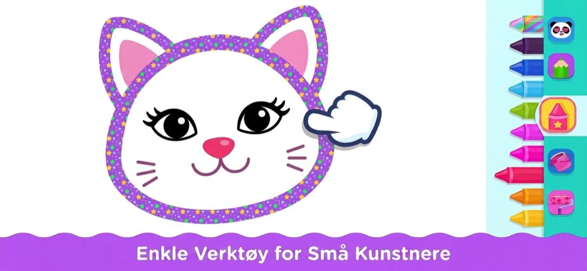 Enkle tegneverktøy for små kunstnere — kattungeside med store fargestifter, klistremerker og magisk malingsbøtte