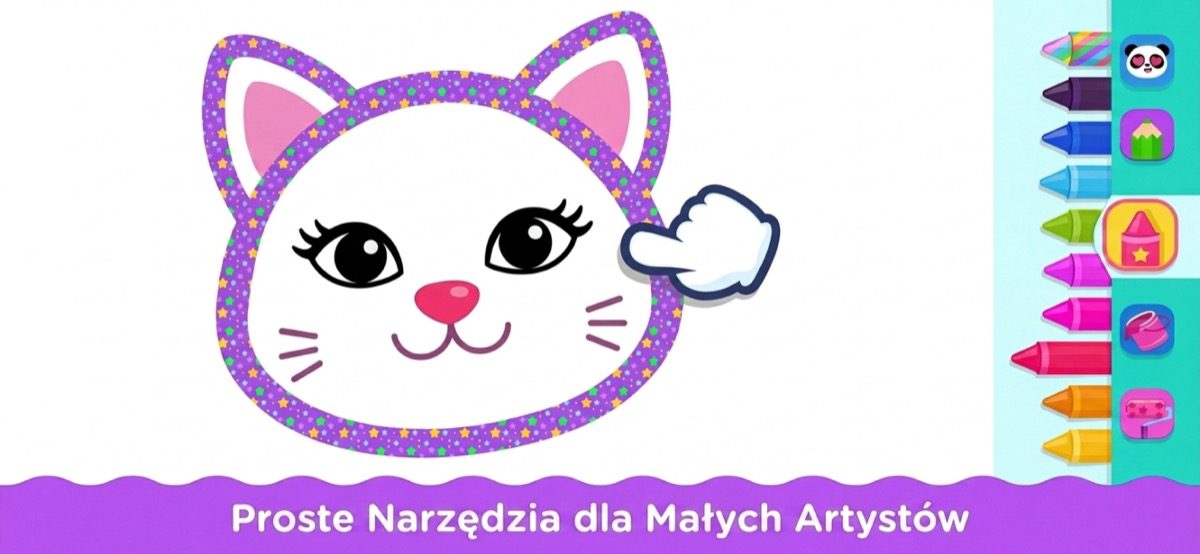 Proste narzędzia do rysowania dla małych artystów — kolorowanka z kotkiem, duże kredki, naklejki i magiczne wiaderko z farbą