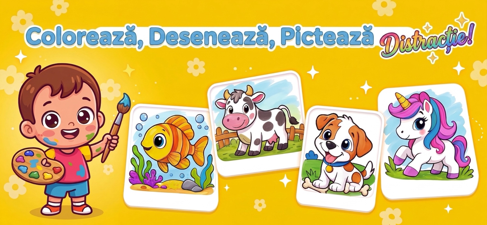 Jocuri de colorat pentru copii — un mic artist bucuros cu pensula, lângă desene colorate cu peștișor, vacă, cățel și unicorn în Kid Doodle