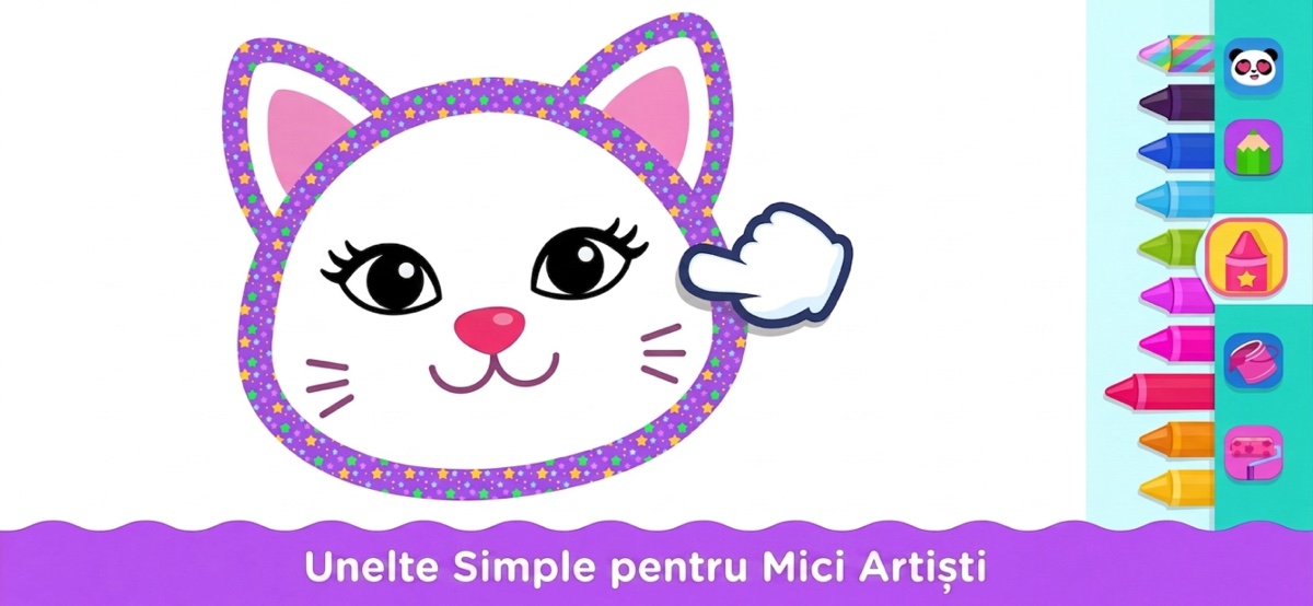 Unelte simple de desen pentru mici artiști — o pagină cu un pisoi, creioane mari și paleta de culori