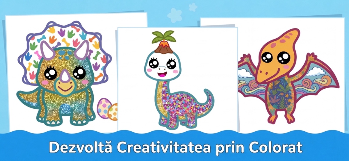 Aplicație de colorat care dezvoltă creativitatea — dinozauri colorați cu sclipici în Kid Doodle