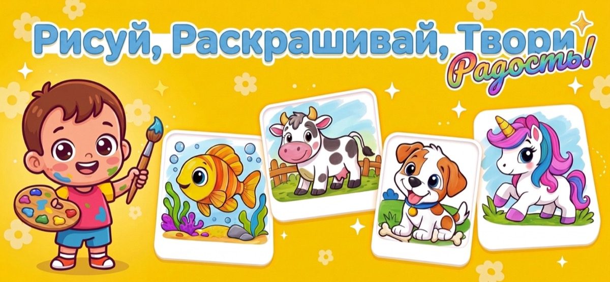 Рисуй, раскрашивай, твори — маленький художник с кисточкой и готовые раскраски рыбки, коровы, щенка и единорога