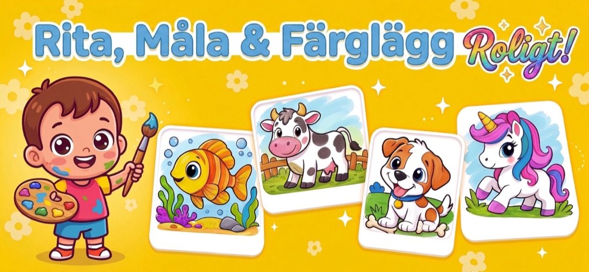 Rita, måla och färglägg — liten konstnär med pensel och färdiga målarbilder av en fisk, ko, valp och enhörning