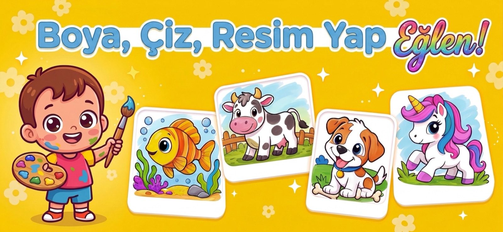 Çocuklar için boyama oyunu — elinde fırçayla mutlu bir çocuk ve boyanmış balık, inek, köpek ve tek boynuzlu at sayfaları (Kid Doodle)
